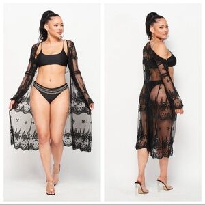 Black Mesh Embroidery Cardigan Beach Cover Up